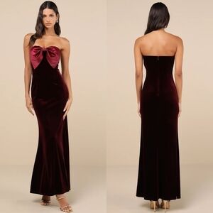 Lulus Dramatic Stunner Burgundy Velvet Bow Strapless Maxi Dress  Wedding Party